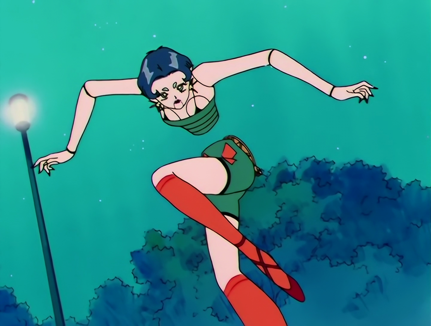 Karakuriko, a Lemures from Sailor Moon episode 128. She resembles a jointed doll, and her upper and lower torso are disconnected from each other, meaning her upper body is floating freely. She is posed like she’s ready to strike.
